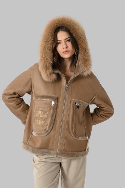 Camel Leather Hooded Jacket Genuine Lambskin with Fox Fur Trim Handmade Winter Coat for Women