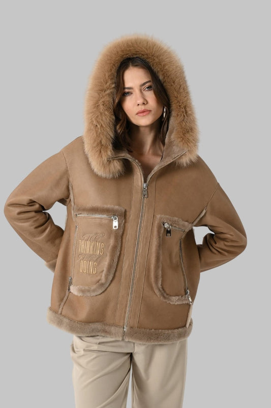 Camel Leather Hooded Jacket Genuine Lambskin with Fox Fur Trim Handmade Winter Coat for Women