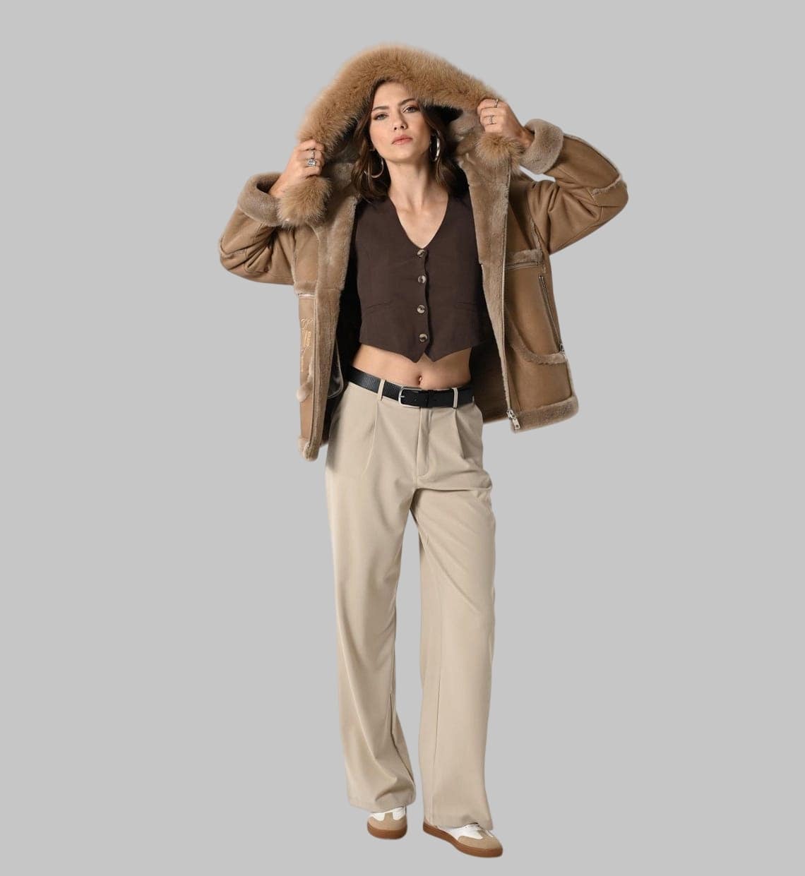 Camel Leather Hooded Jacket Genuine Lambskin with Fox Fur Trim Handmade Winter Coat for Women