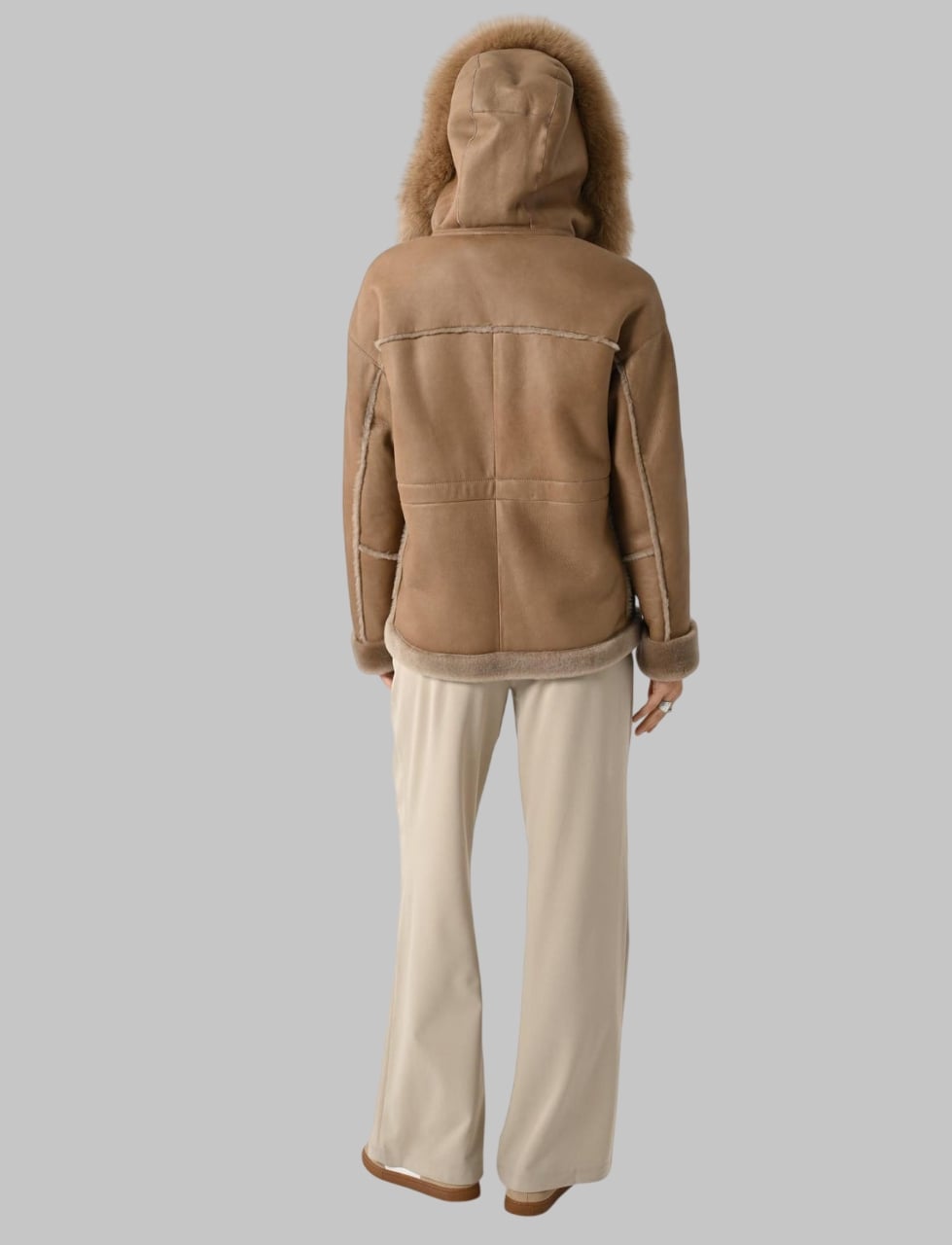 Camel Leather Hooded Jacket Genuine Lambskin with Fox Fur Trim Handmade Winter Coat for Women