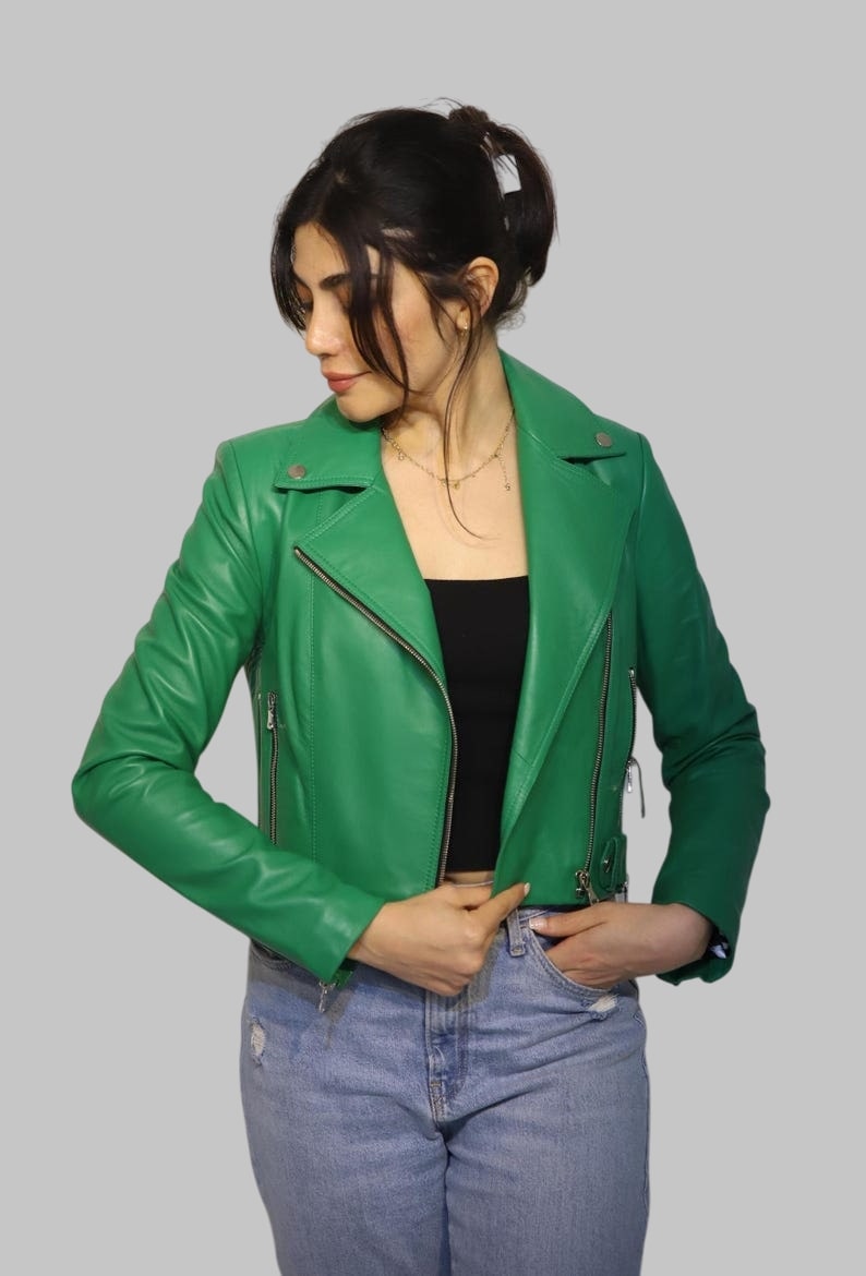 Green Lambskin Leather Biker Jacket for Women