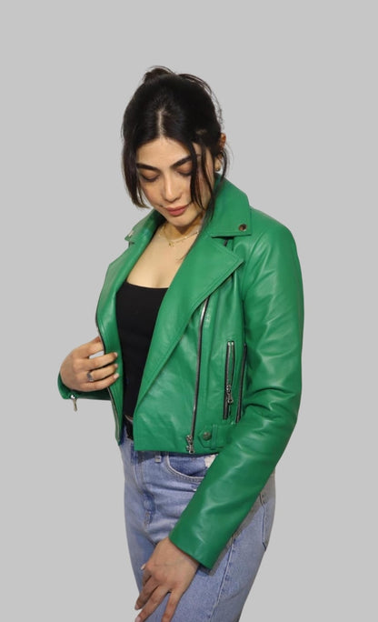 Green Lambskin Leather Biker Jacket for Women