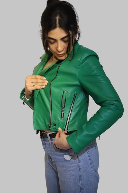 Green Lambskin Leather Biker Jacket for Women