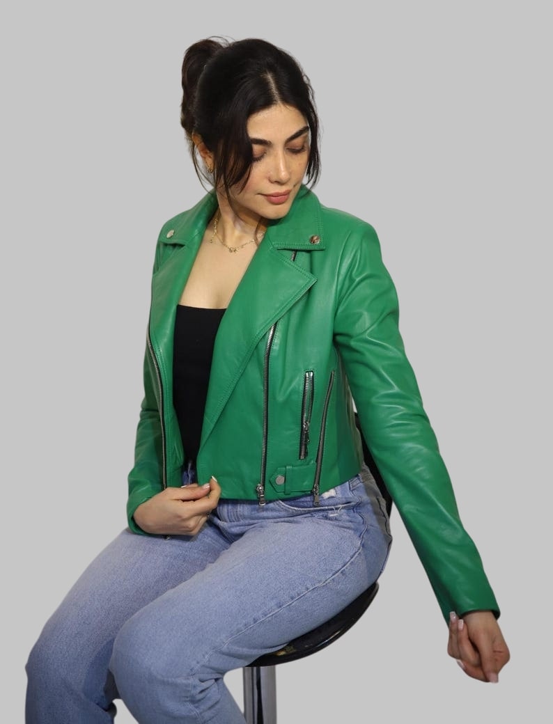 Green Lambskin Leather Biker Jacket for Women