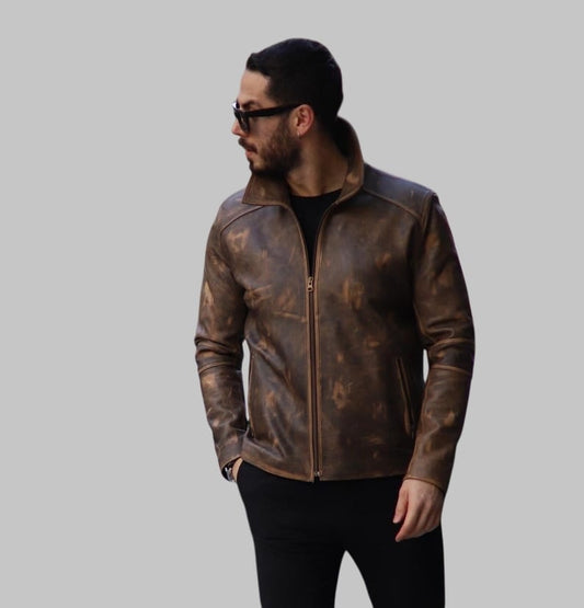 Handmade Brown Sheepskin Leather Biker Jacket for Men