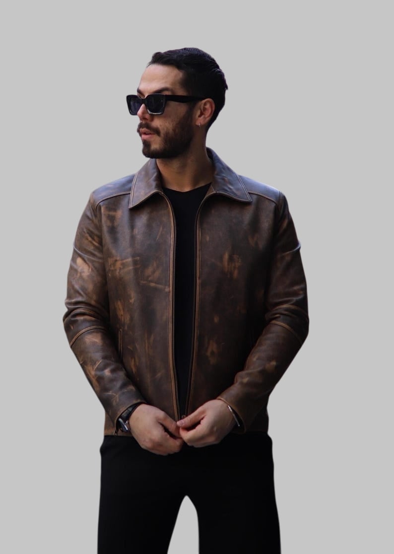 Handmade Brown Sheepskin Leather Biker Jacket for Men