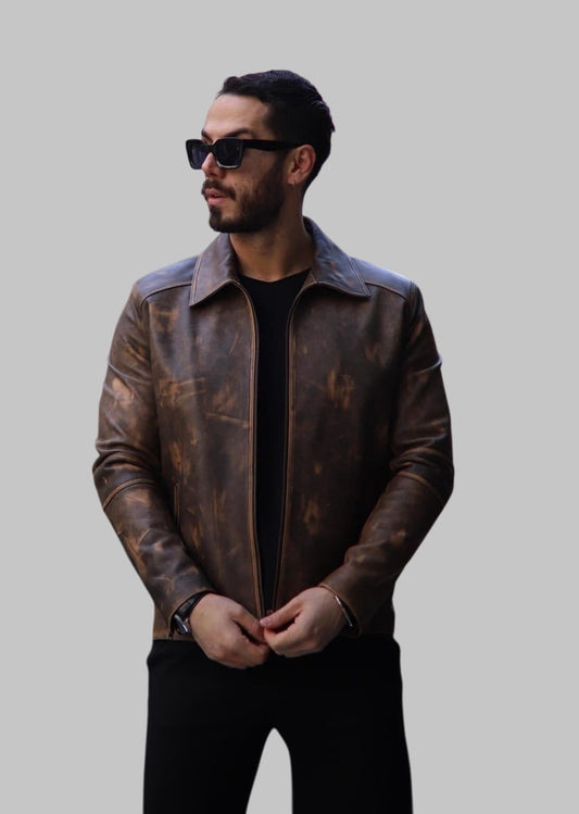 Handmade Brown Sheepskin Leather Biker Jacket for Men