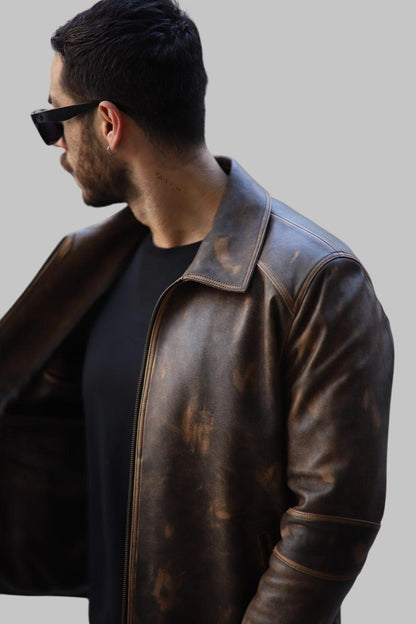 Handmade Brown Sheepskin Leather Biker Jacket for Men