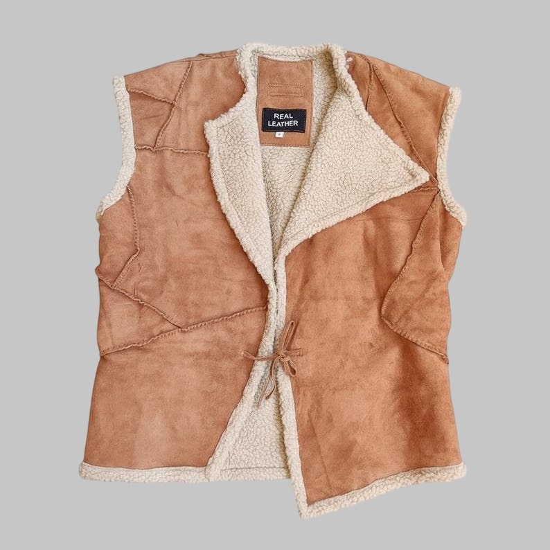 Handmade Brown Suede Shearling Cowboy Vest for Man