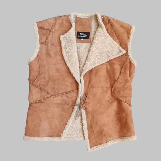 Handmade Brown Suede Shearling Cowboy Vest for Man