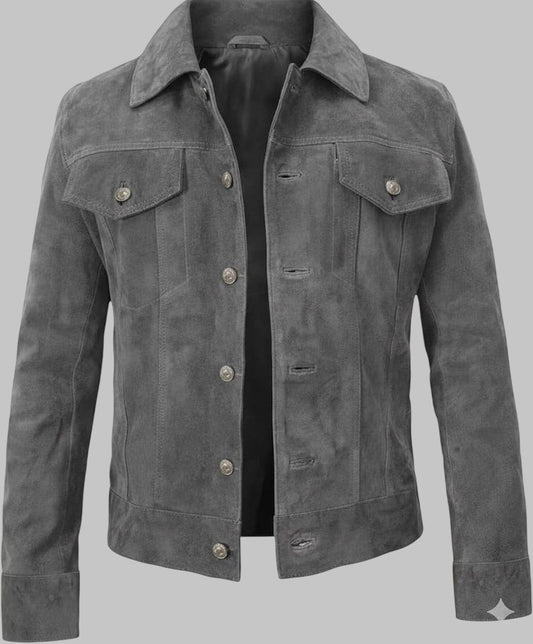Men Genuine Suede Leather Trucker Jacket Western Motorcycle Style