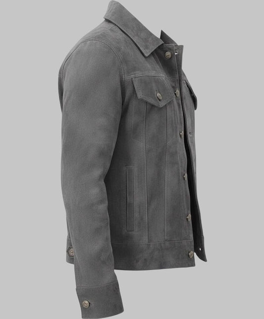 Men Genuine Suede Leather Trucker Jacket Western Motorcycle Style