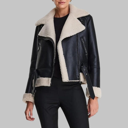 B3 Black Shearling Leather Aviator Jacket Women