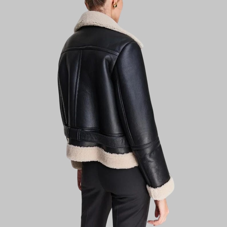 B3 Black Shearling Leather Aviator Jacket Women