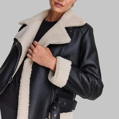 B3 Black Shearling Leather Aviator Jacket Women