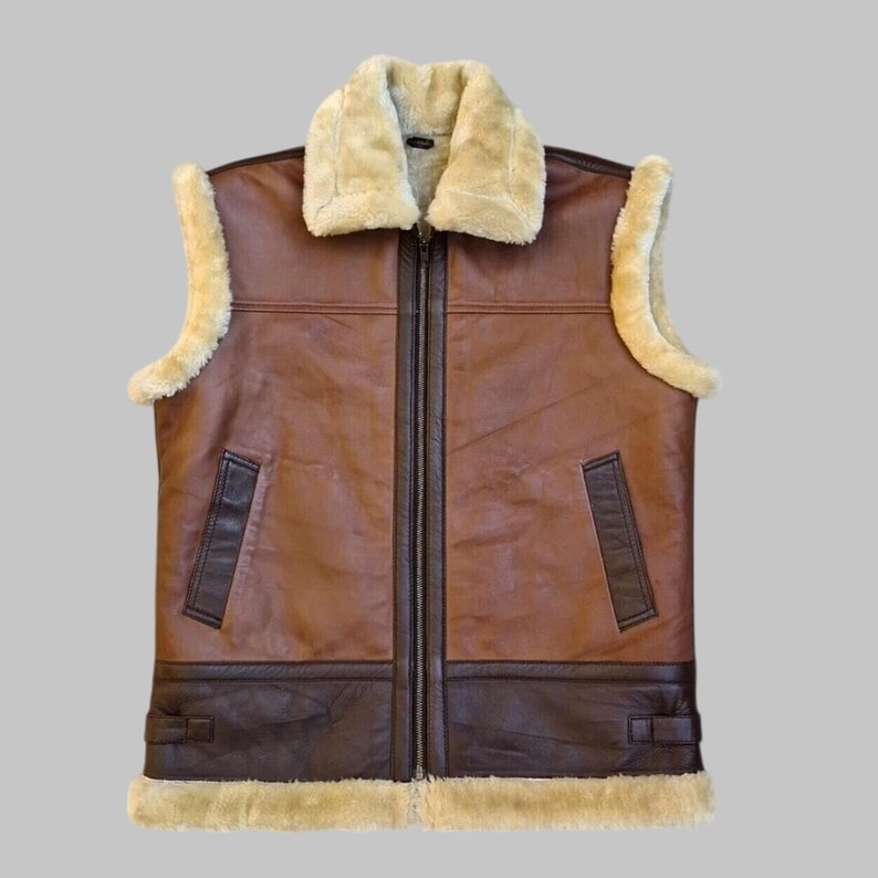 Handmade Sheepskin Leather Aviator Vest Brown Shearling B3 Bomber Style