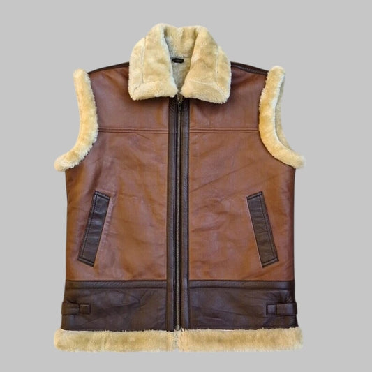 Handmade Sheepskin Leather Aviator Vest Brown Shearling B3 Bomber Style