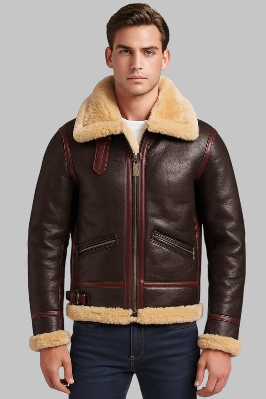Men Sheepskin B3 Aviator Jacket Real Shearling Leather Bomber Coat