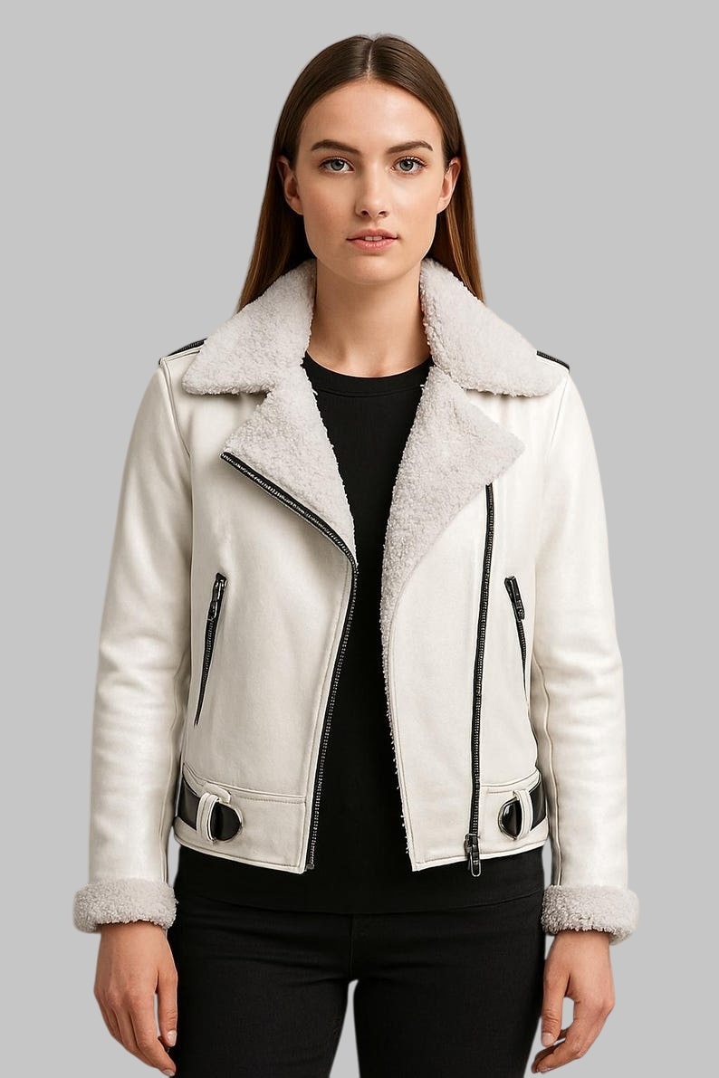 Handmade White Sheepskin Aviator Jacket Shearling Lined Bomber Coat