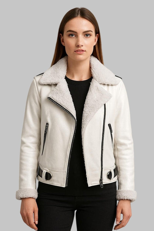 Handmade White Sheepskin Aviator Jacket Shearling Lined Bomber Coat