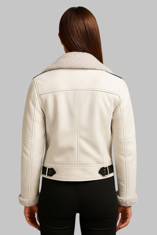 Handmade White Sheepskin Aviator Jacket Shearling Lined Bomber Coat