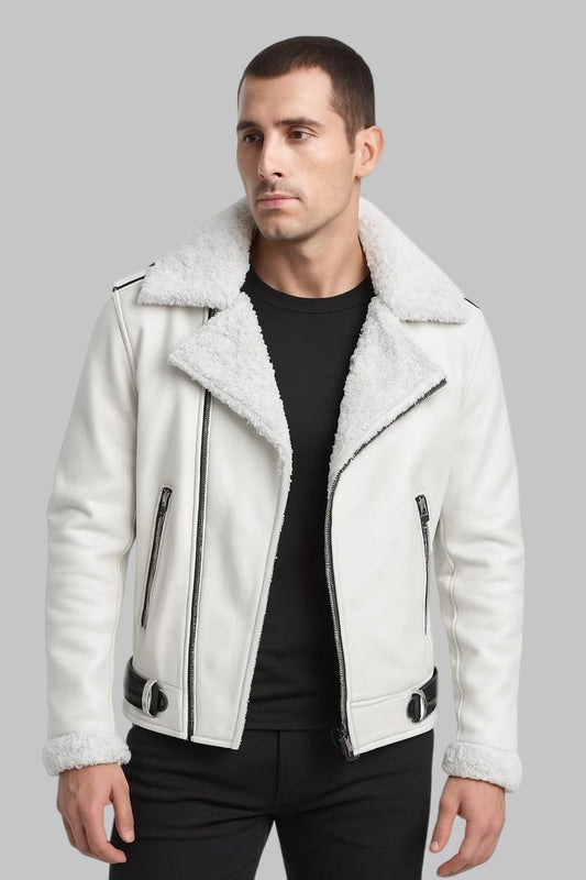 Men White Sheepskin B3 Aviator Jacket Shearling Lined Bomber