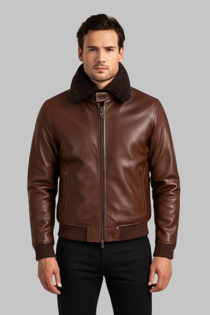 Men’s Handmade Brown Sheepskin Leather Bomber Jacket Vintage Aviator Style