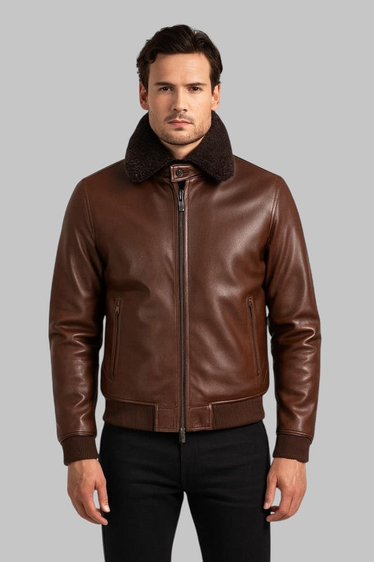 Men’s Handmade Brown Sheepskin Leather Bomber Jacket Vintage Aviator Style