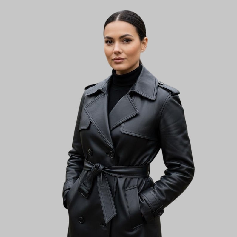 Women’s Genuine Black Leather Trench Coat with Belt & Removable Shearling Collar