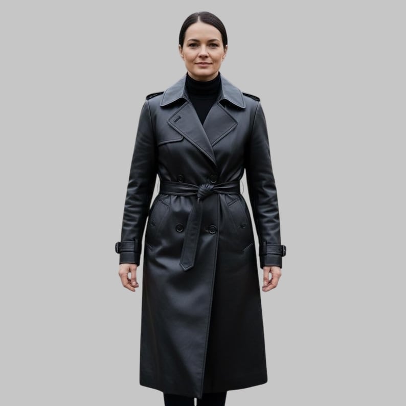 Women’s Genuine Black Leather Trench Coat with Belt & Removable Shearling Collar