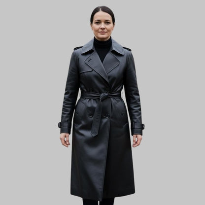 Women’s Genuine Black Leather Trench Coat with Belt & Removable Shearling Collar