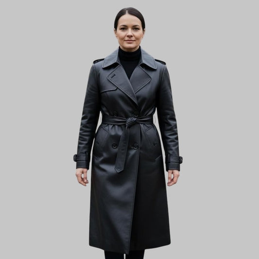 Women’s Genuine Black Leather Trench Coat with Belt & Removable Shearling Collar