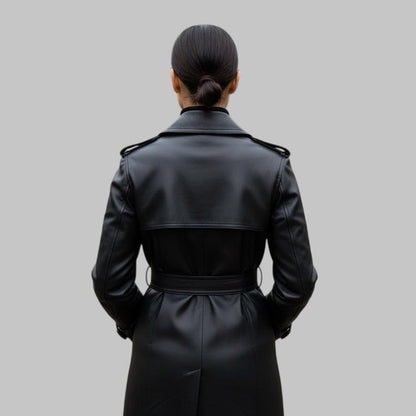 Women’s Genuine Black Leather Trench Coat with Belt & Removable Shearling Collar