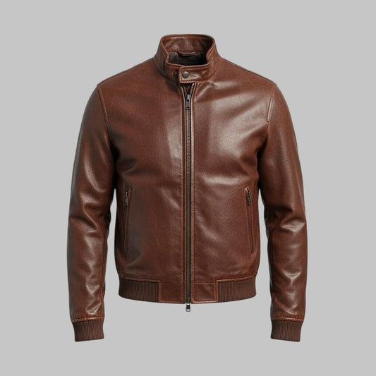 Men’s Brown Cowhide Leather Bomber Jacket – Vintage Biker Style