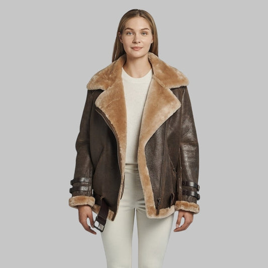 Lindsay Women’s Shearling Coat Oversized Collar with Cowhide Belt
