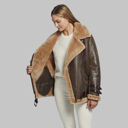 Lindsay Women’s Shearling Coat Oversized Collar with Cowhide Belt