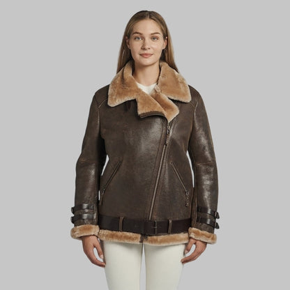 Lindsay Women’s Shearling Coat Oversized Collar with Cowhide Belt