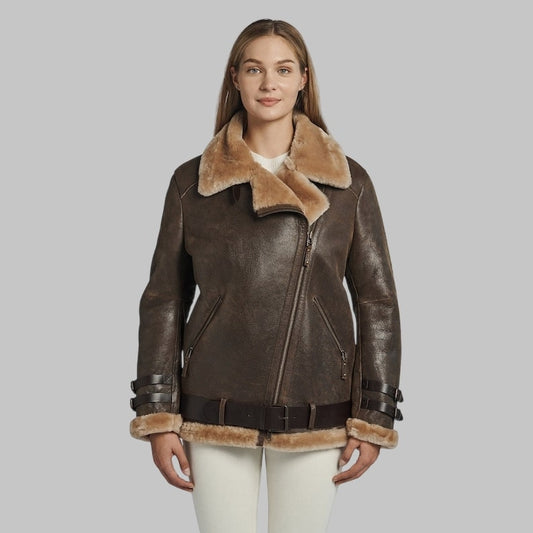 Lindsay Women’s Shearling Coat Oversized Collar with Cowhide Belt