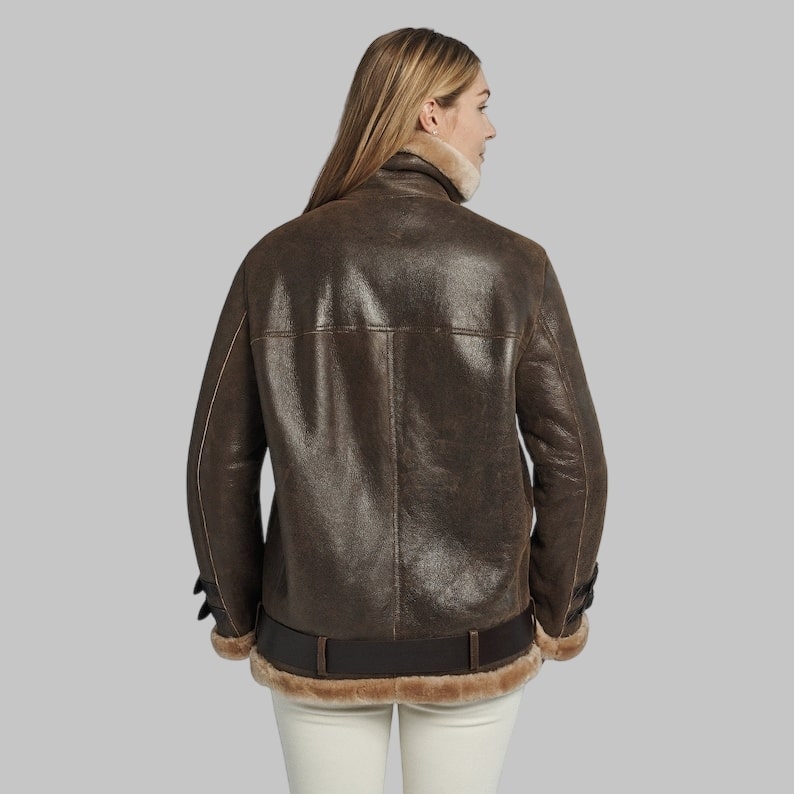 Lindsay Women’s Shearling Coat Oversized Collar with Cowhide Belt