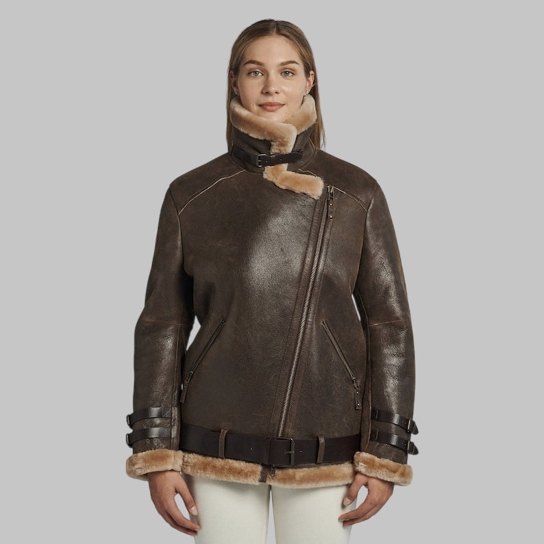 Lindsay Women’s Shearling Coat Oversized Collar with Cowhide Belt