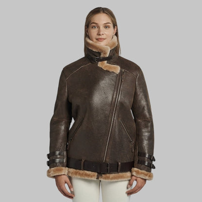 Lindsay Women’s Shearling Coat Oversized Collar with Cowhide Belt