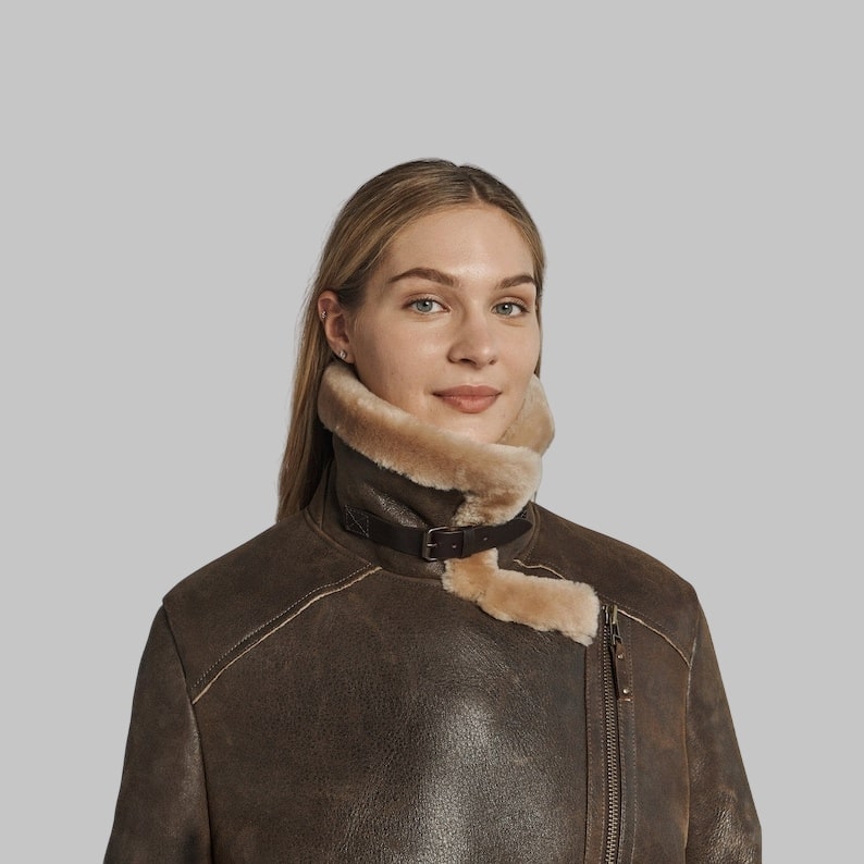 Lindsay Women’s Shearling Coat Oversized Collar with Cowhide Belt