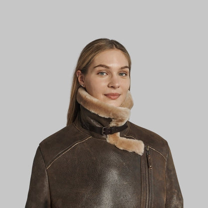 Lindsay Women’s Shearling Coat Oversized Collar with Cowhide Belt