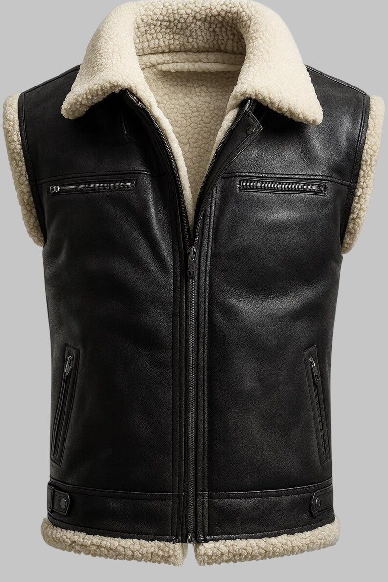 Black Shearling Leather Vest for Men Aviator Style