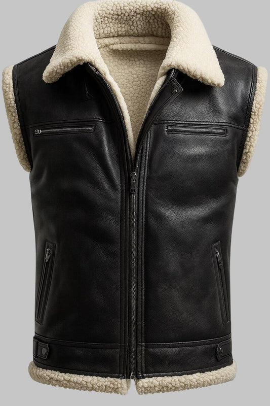 Black Shearling Leather Vest for Men Aviator Style