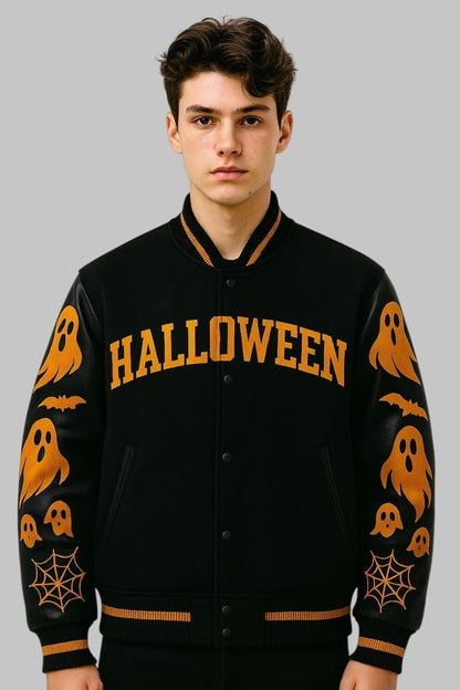 Halloween Ghost and Pumpkin Varsity Jacket Wool and Leather
