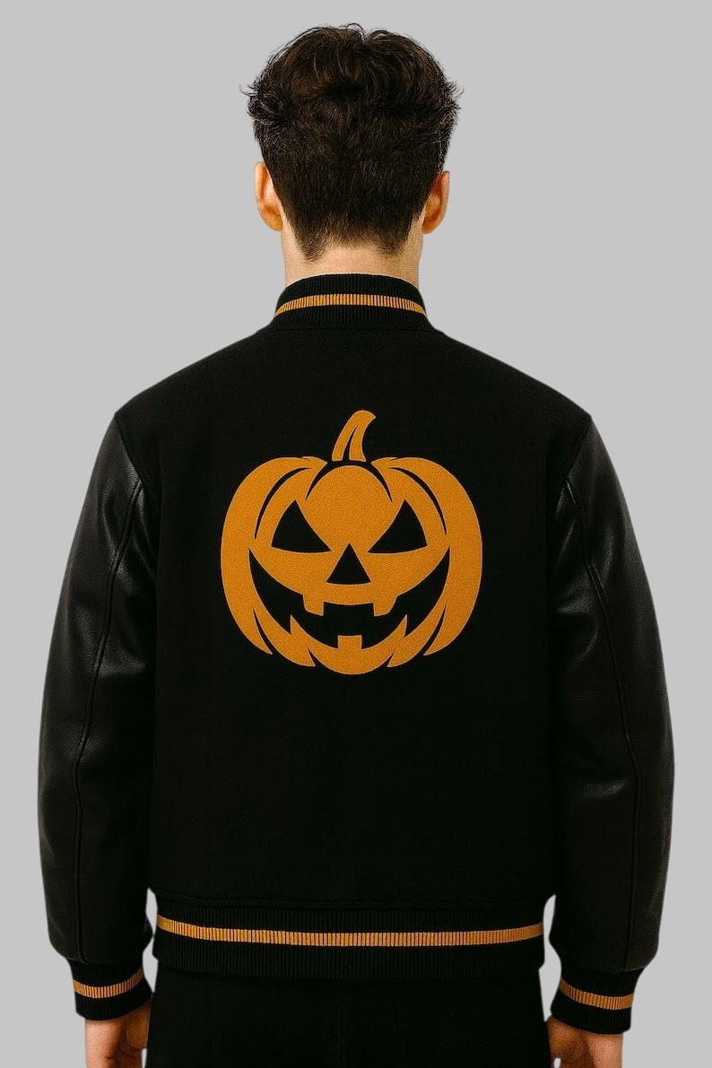 Halloween Ghost and Pumpkin Varsity Jacket Wool and Leather