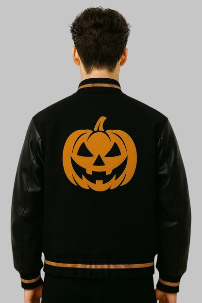 Halloween Ghost and Pumpkin Varsity Jacket Wool and Leather