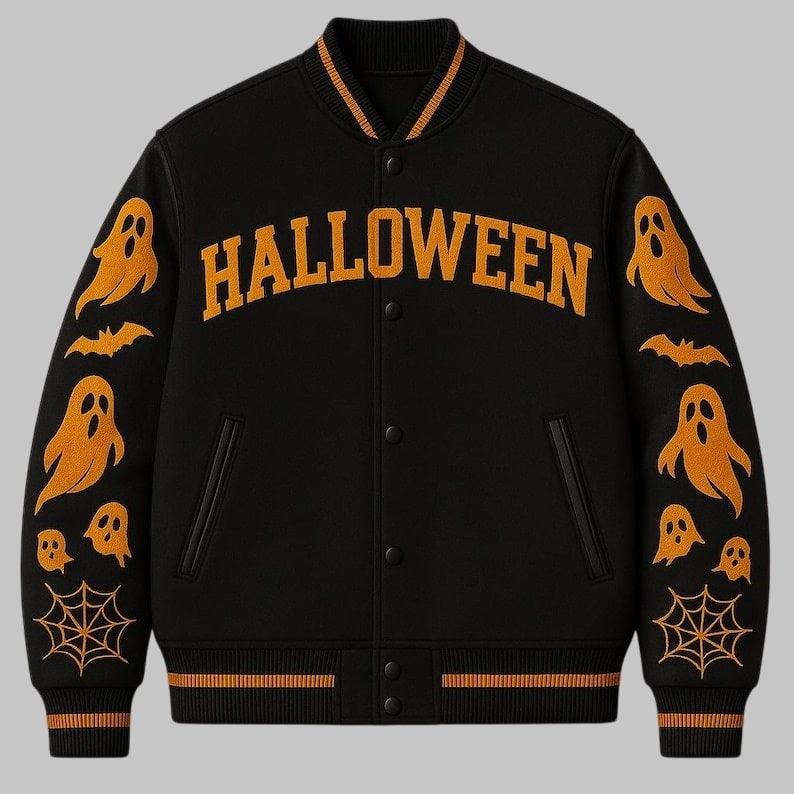 Halloween Ghost and Pumpkin Varsity Jacket Wool and Leather