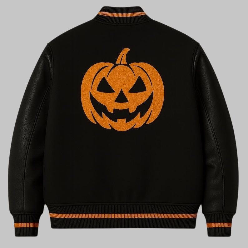 Halloween Ghost and Pumpkin Varsity Jacket Wool and Leather